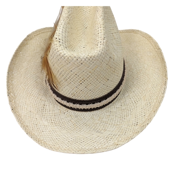 Biltmore Western Cowboy Hat Straw Feather Leather Band 7 1/8 57 cm Ivory Brown - Picture 7 of 13